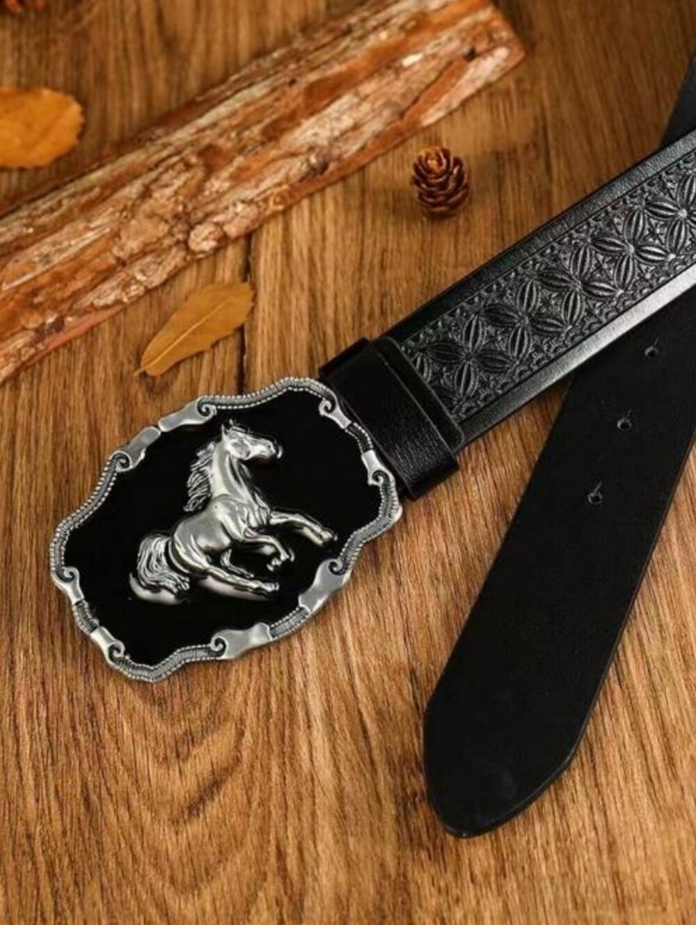 Western Cowboy Black Leather Belt with Decorative Horse Buckle - Picture 5 of 10